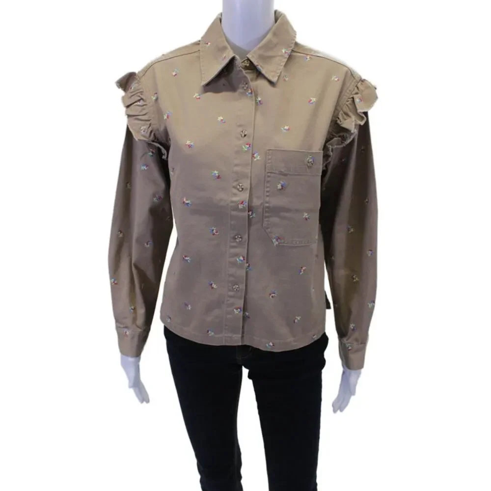 Something Navy Womens Cotton Floral Embroidered Collar Denim Jacket Brown Sz XS